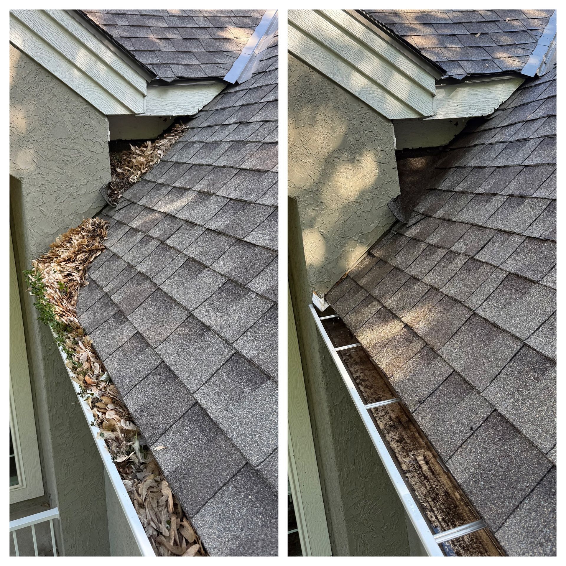 Before and after comparison of roof gutter cleaning: leaves and debris removed from a rooftop gutter.