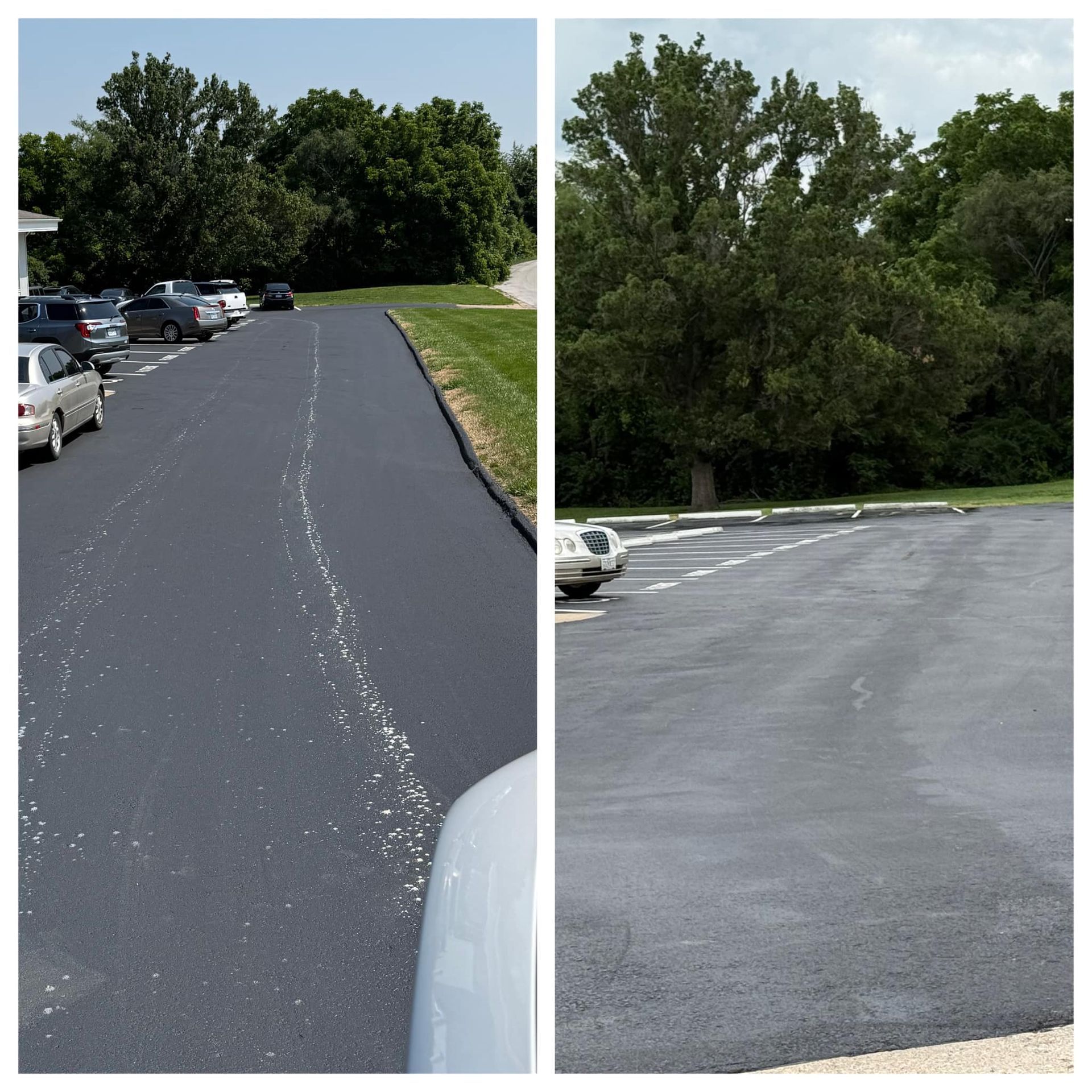 Two side-by-side images of an asphalt parking lot after resurfacing, cars parked in spaces, trees in the background.