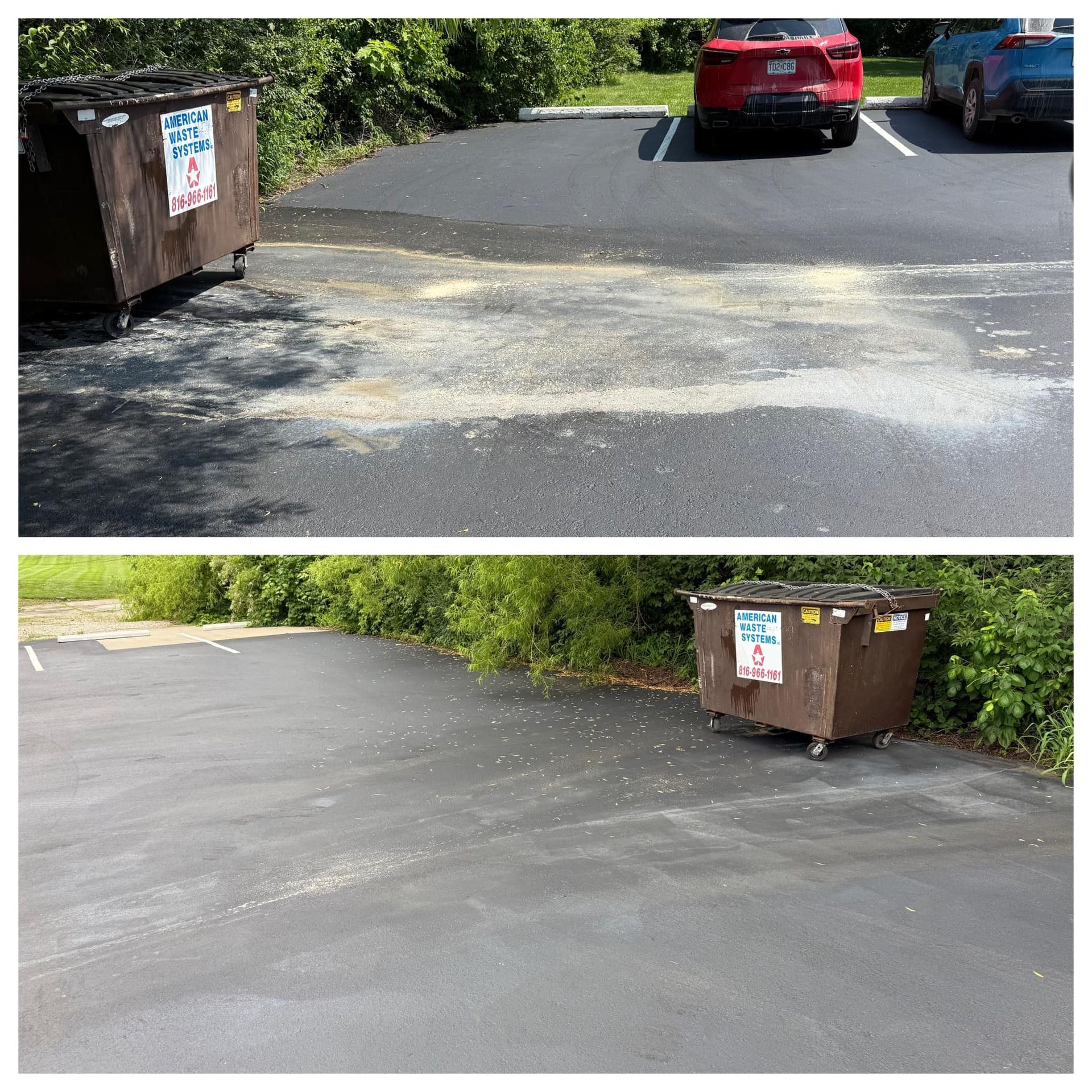 Before and after photos of a parking lot. Dumpster, oil stain, and parking spot shown.