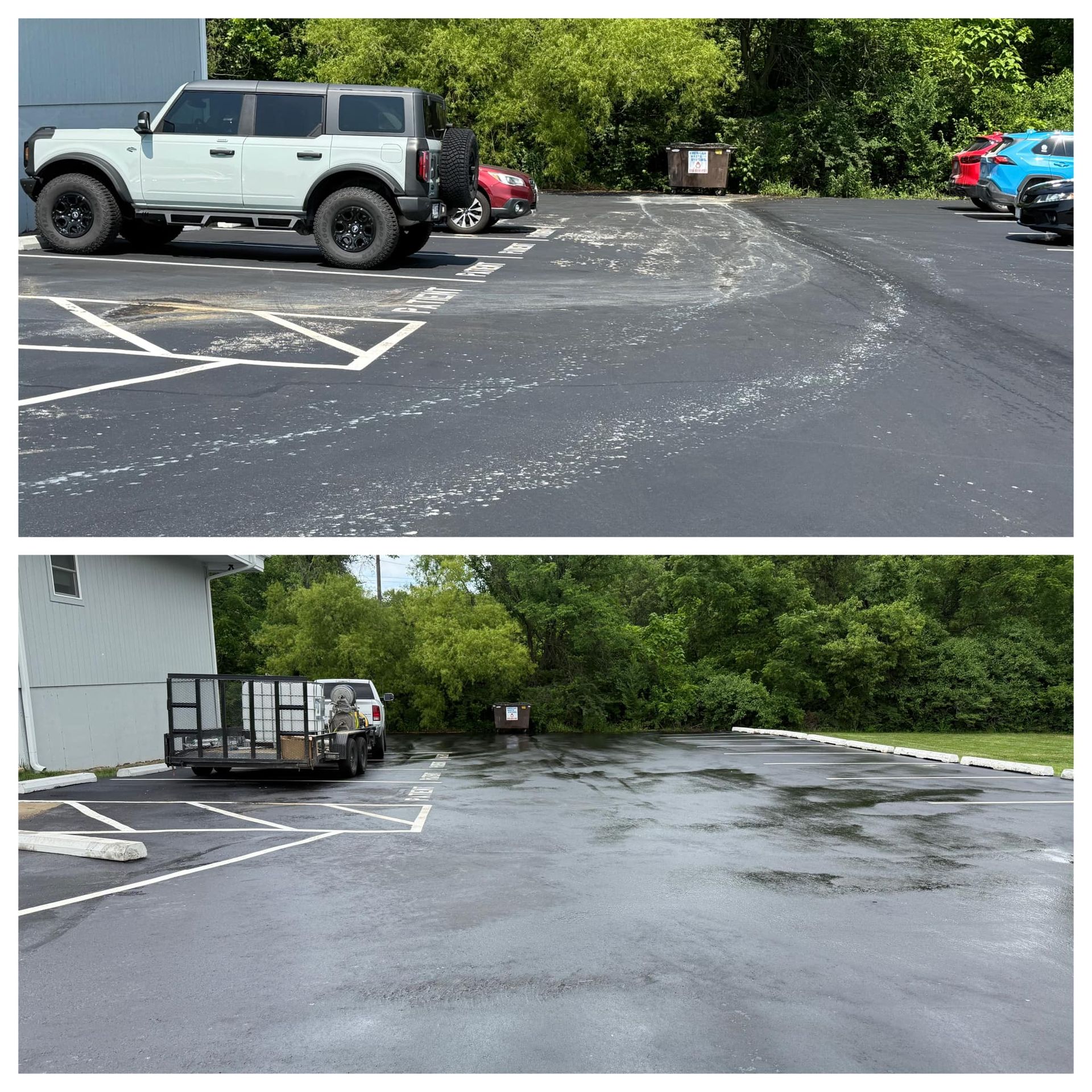 Top: light green SUV parked on asphalt with white markings. Bottom: same parking lot, showing standing water.