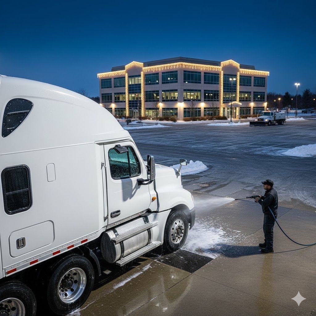 Truck being washed by a person in front of a building at dusk, with snow on the ground.