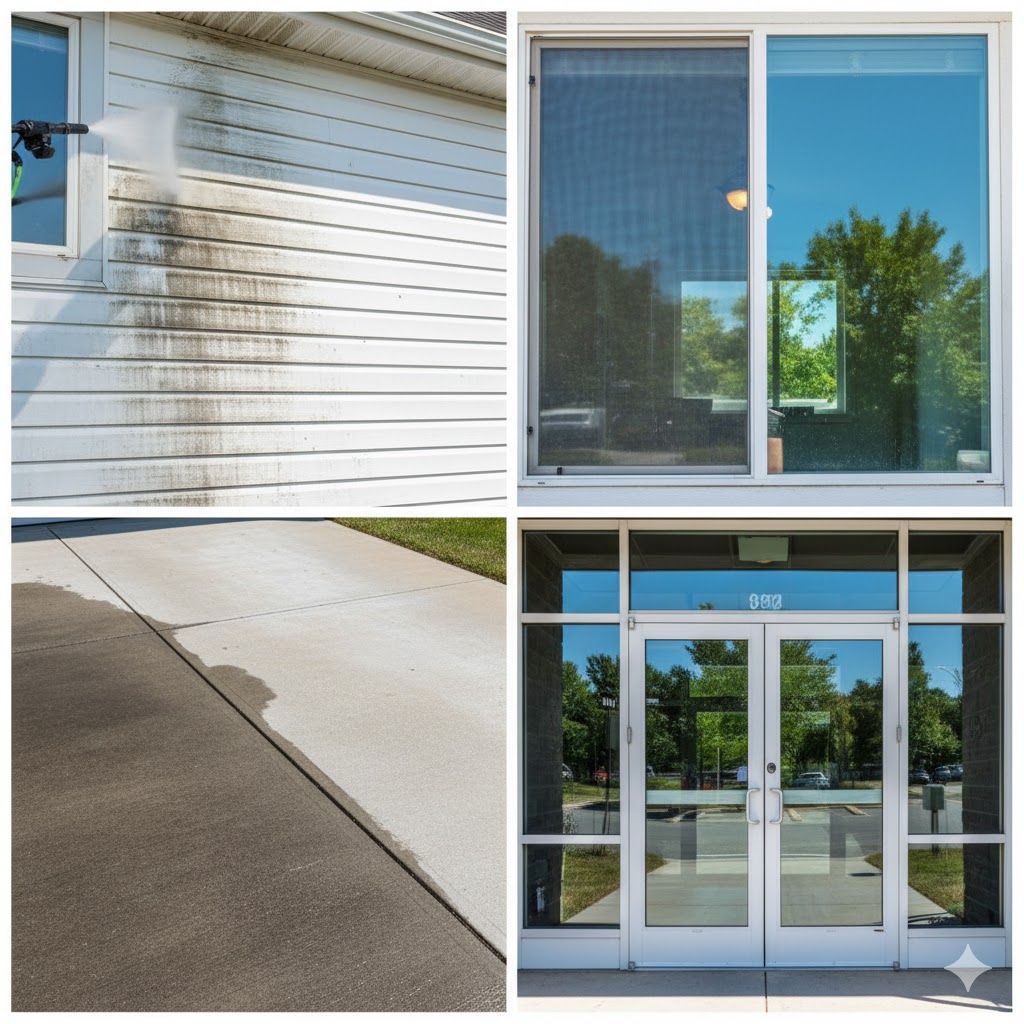Four images showcasing exterior cleaning: stained siding, clean sliding door, wet sidewalk, and glass entry doors.