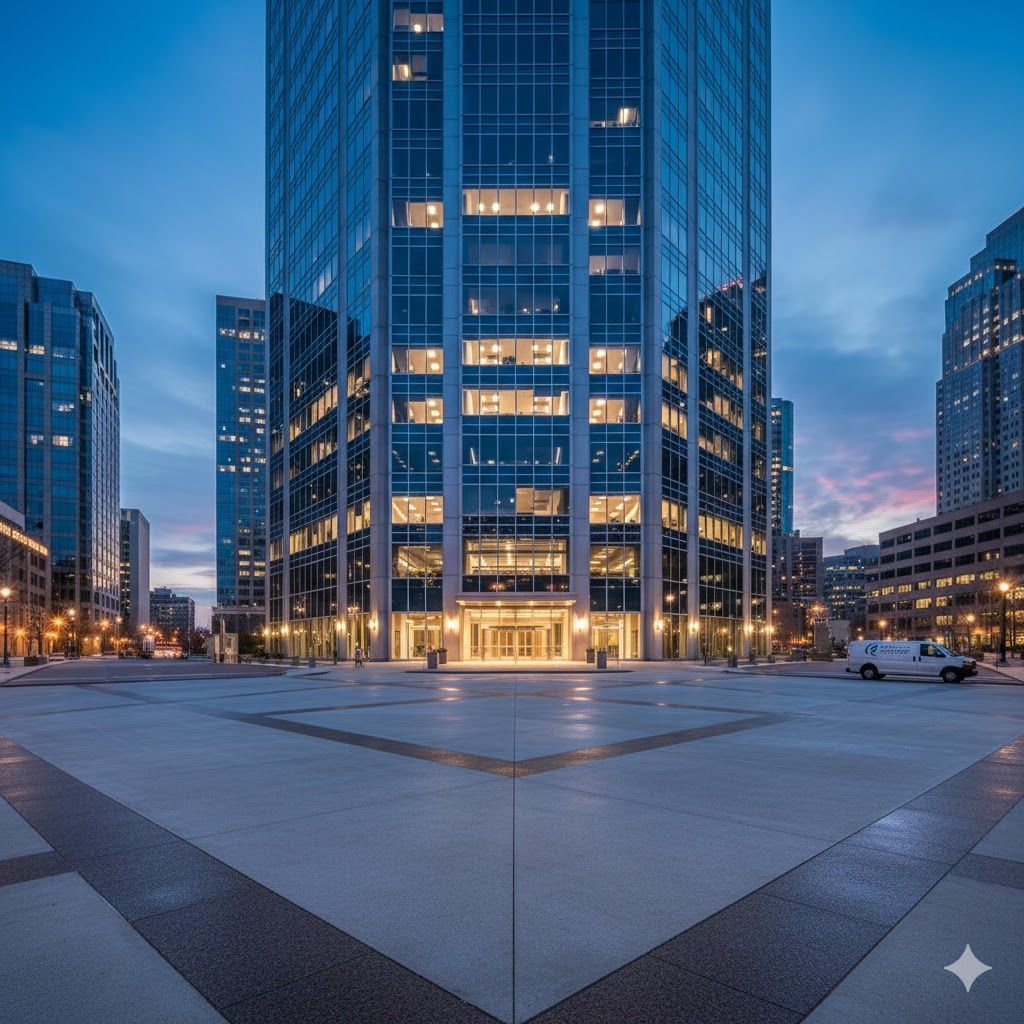 Large glass skyscraper at dusk, lit interior, surrounded by other buildings. Wide plaza with converging lines.