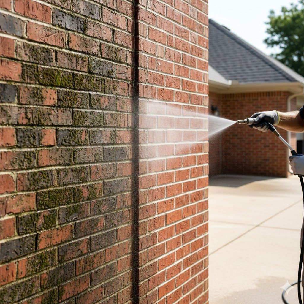 Pressure washing a brick wall, removing dirt and discoloration.