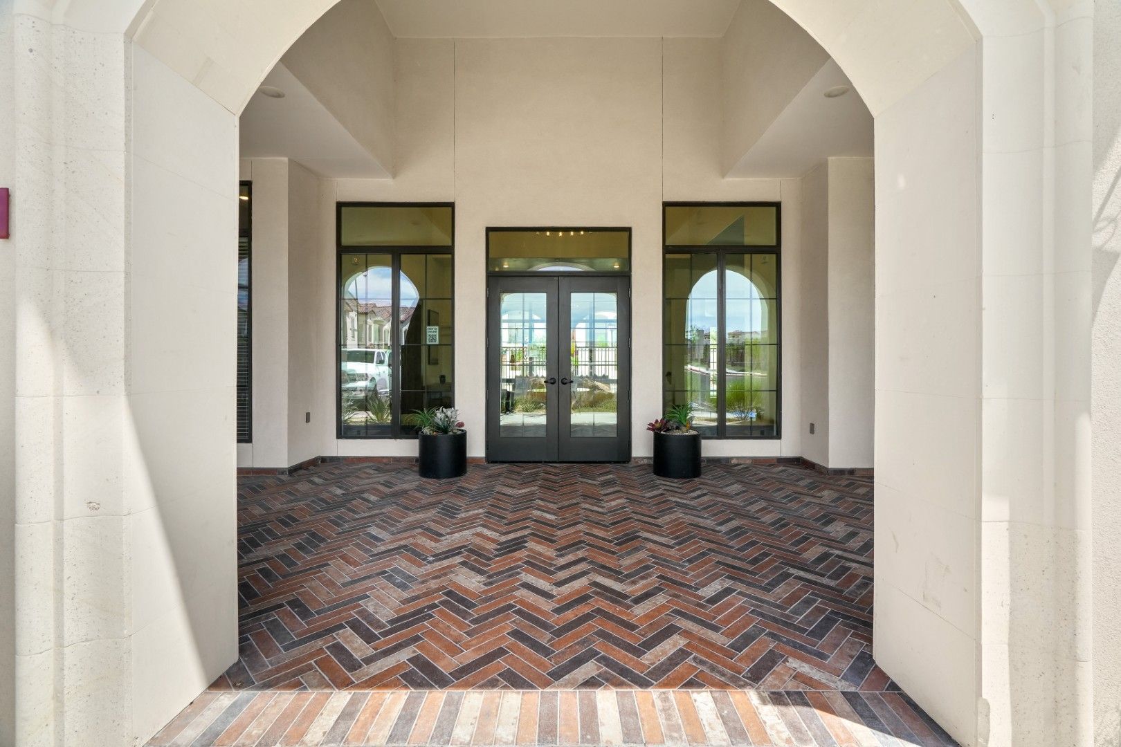 There is a brick floor in the middle of the room.