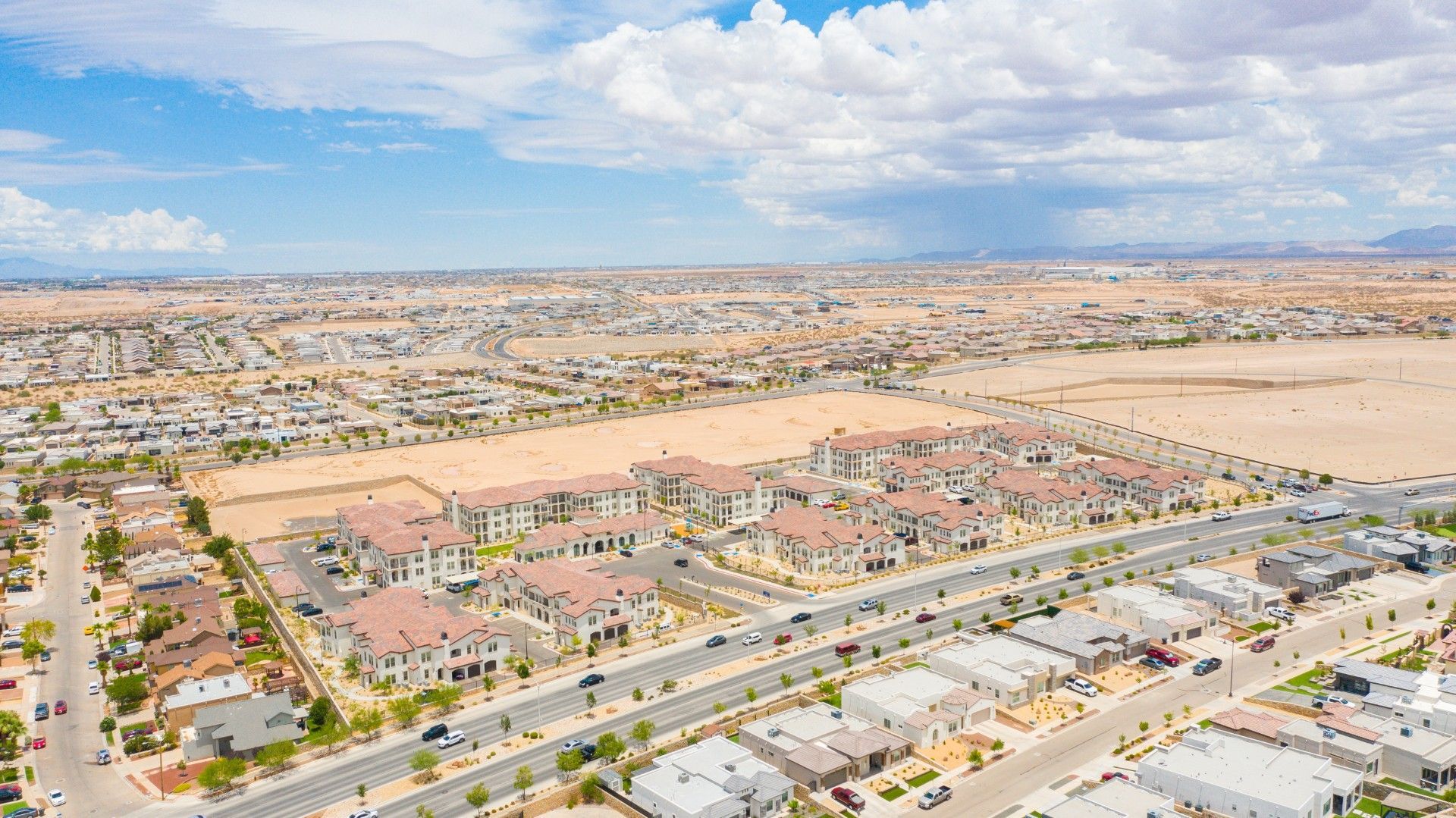 An aerial view of a residential area in the desert.