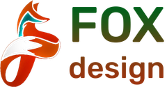 logo fox design con testo e icona volpe stilizzata