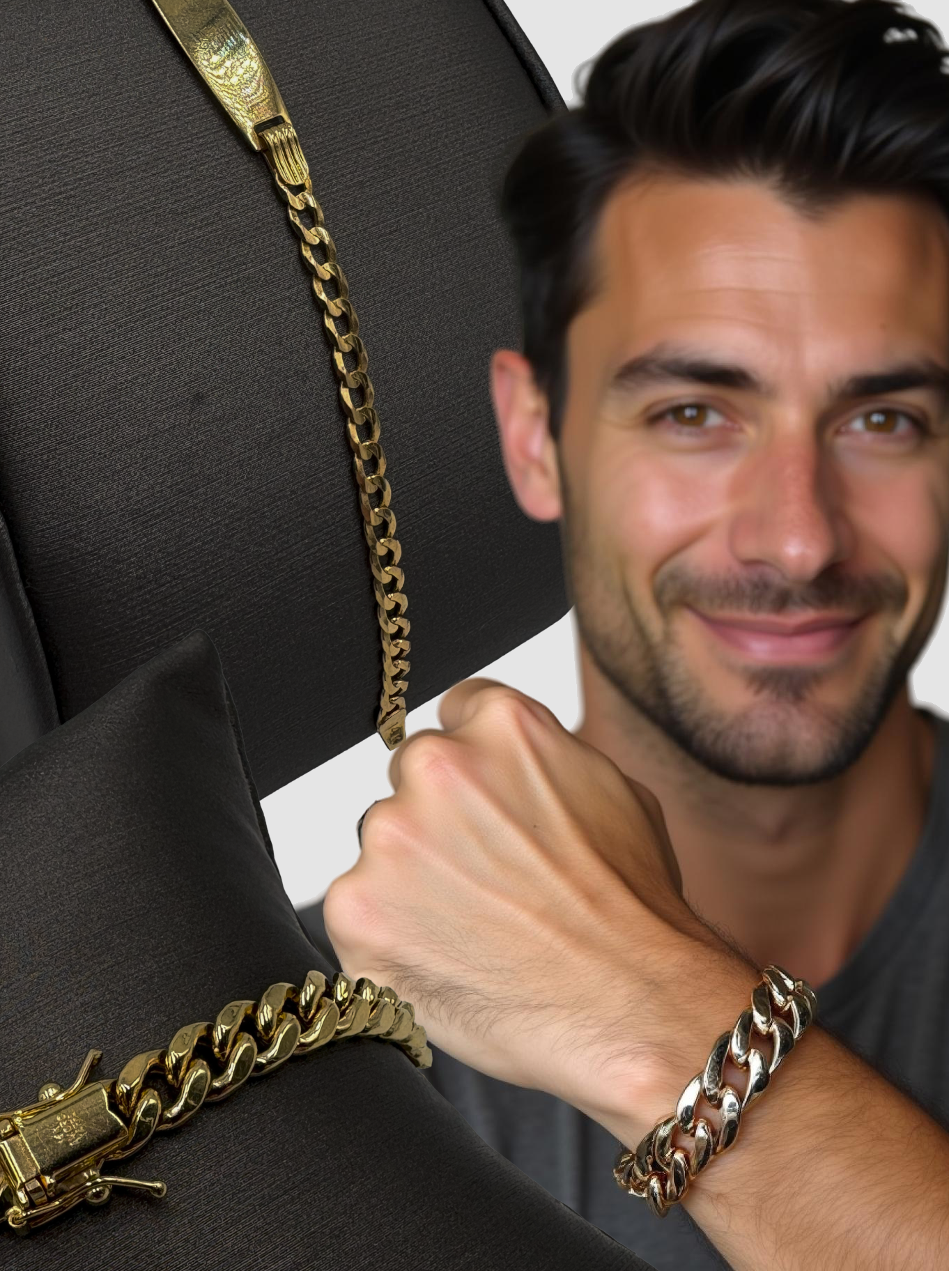 A man wearing a gold chain bracelet on his wrist