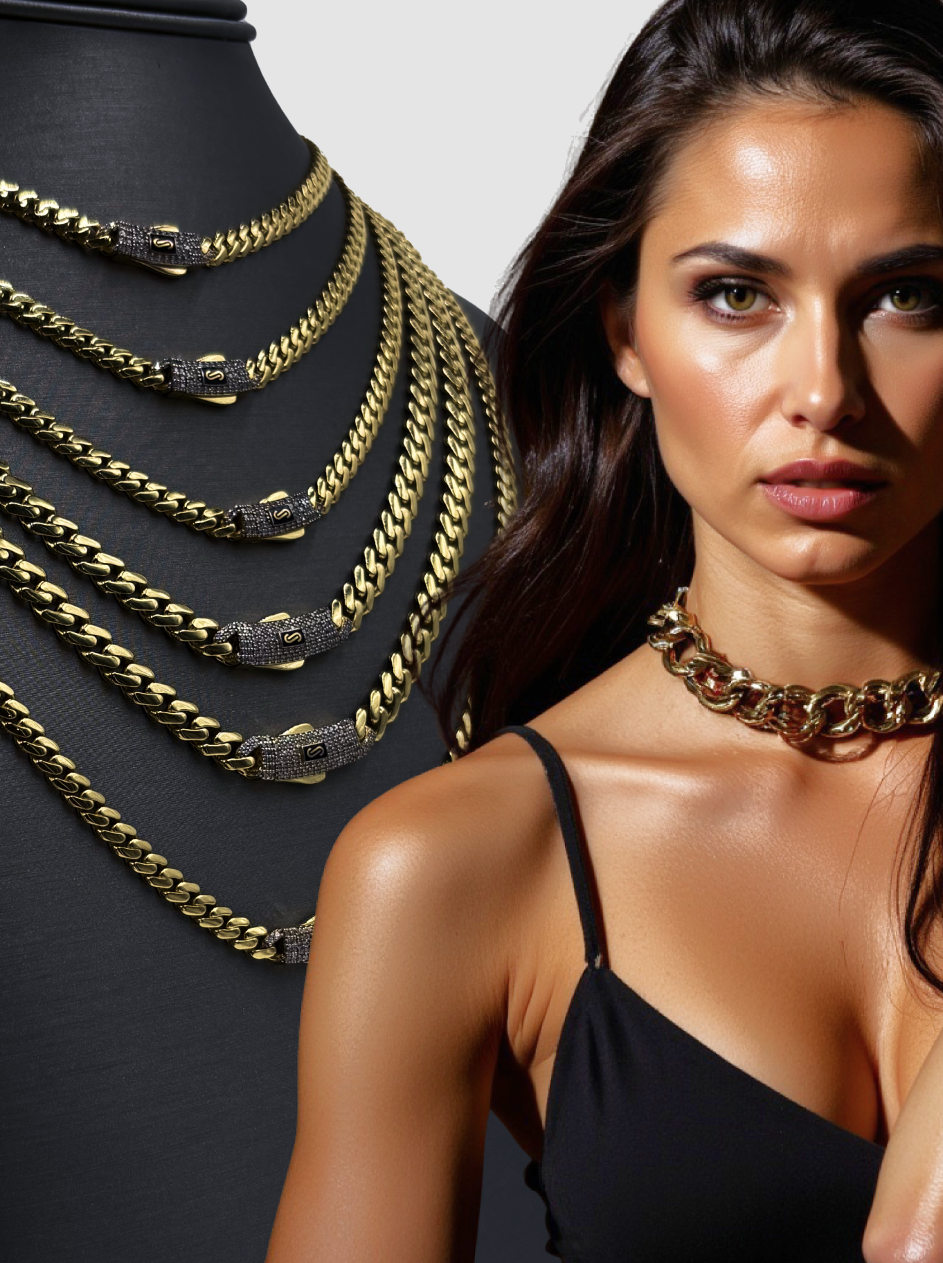 A woman in a black tank top is wearing a gold chain necklace