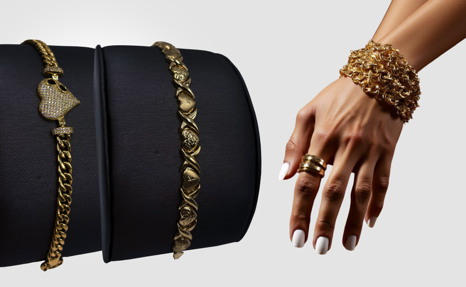 A woman wearing gold bracelets and a gold ring