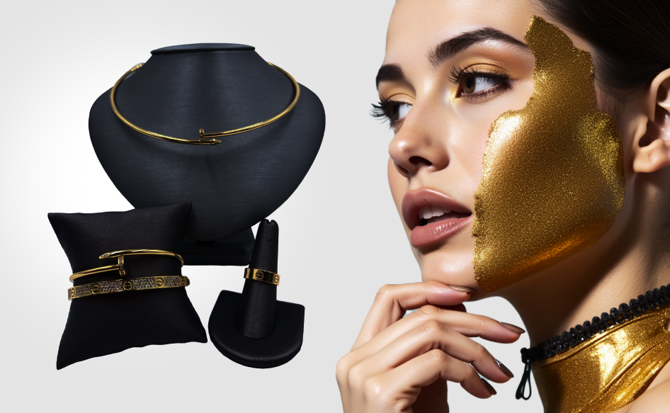 A woman with gold paint on her face is wearing jewelry