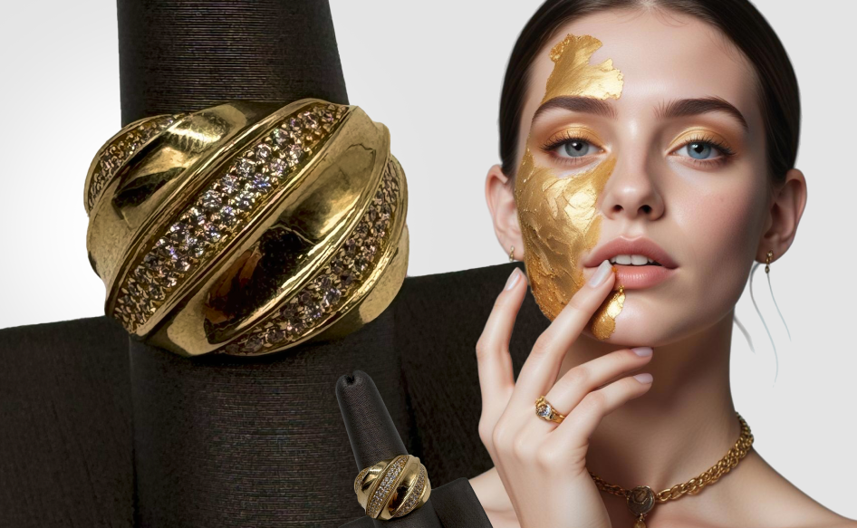 A woman with gold on her face is wearing a gold ring