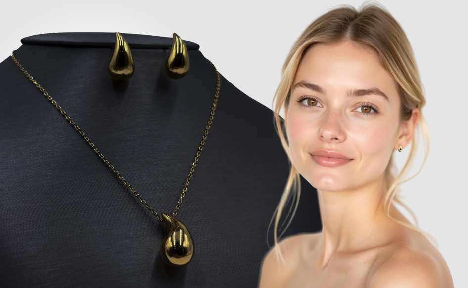 A woman is standing next to a mannequin wearing a necklace and earrings