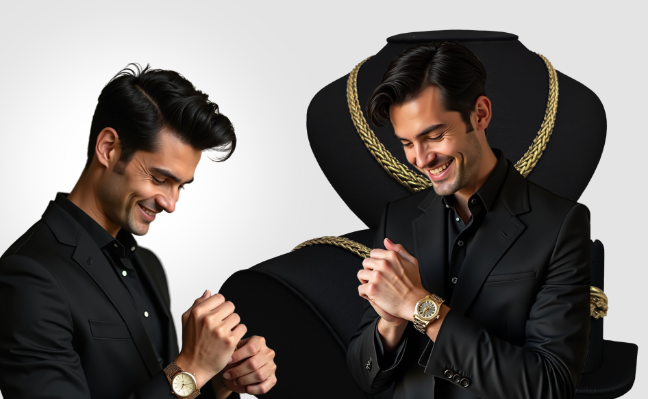 A man in a suit is wearing a watch and a necklace.