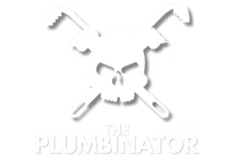 A white logo featuring a skull with crossed pipe wrenches behind it, captioned 