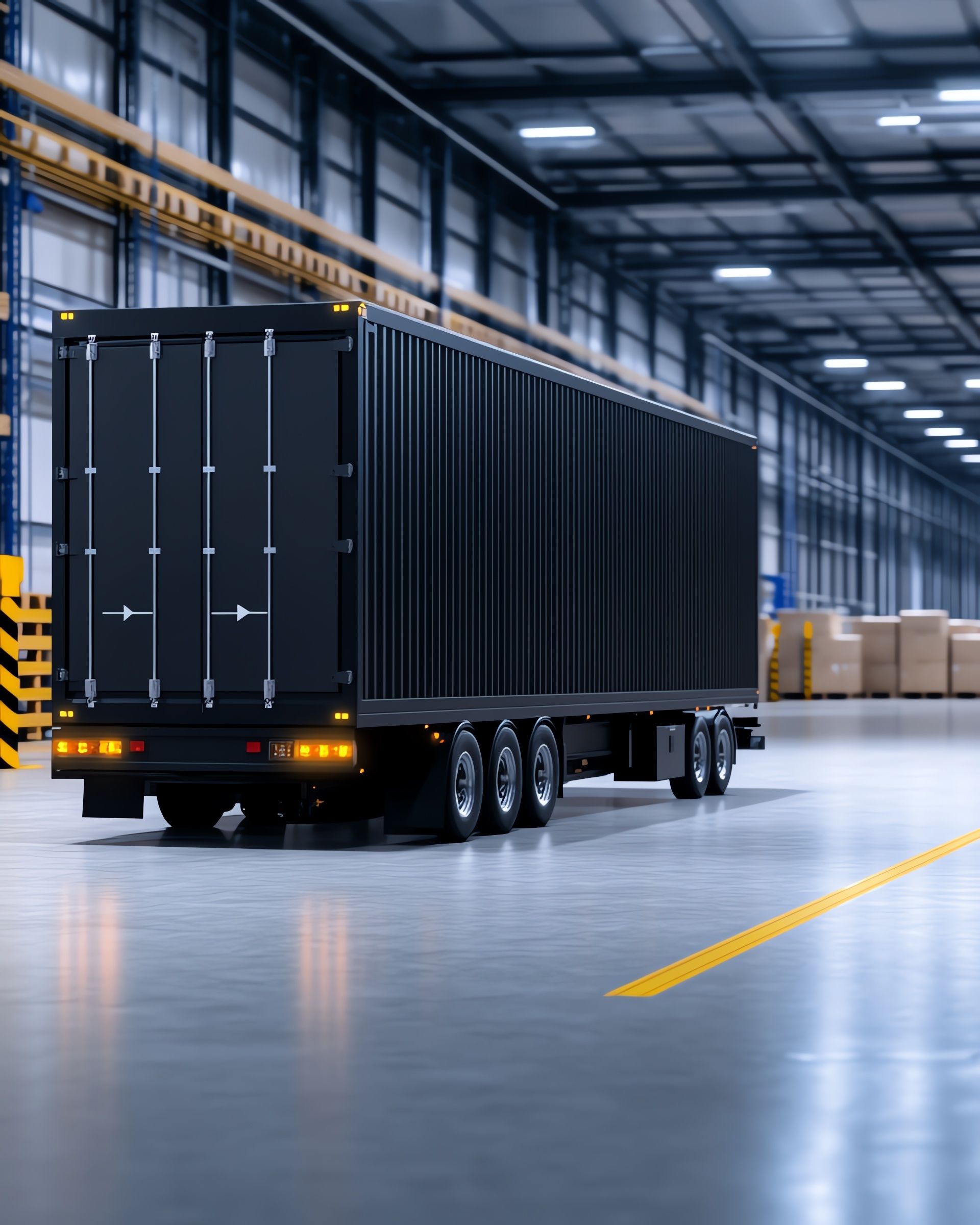 Enclosed trailer next to warehouse with barcode scan overlay 