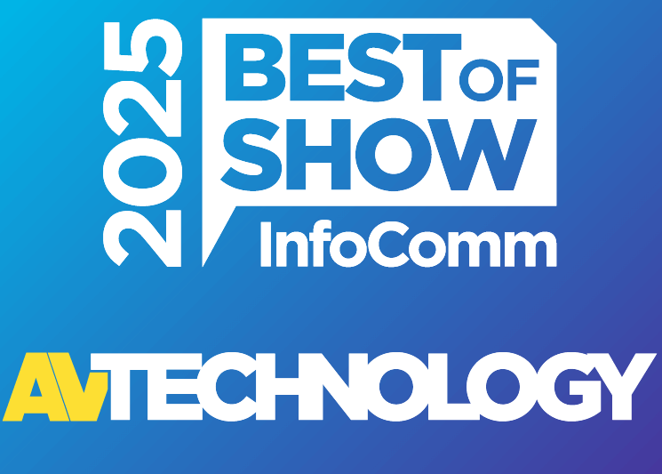 2023 Best of Show award from AV Technology at InfoComm. Blue and white logo.
