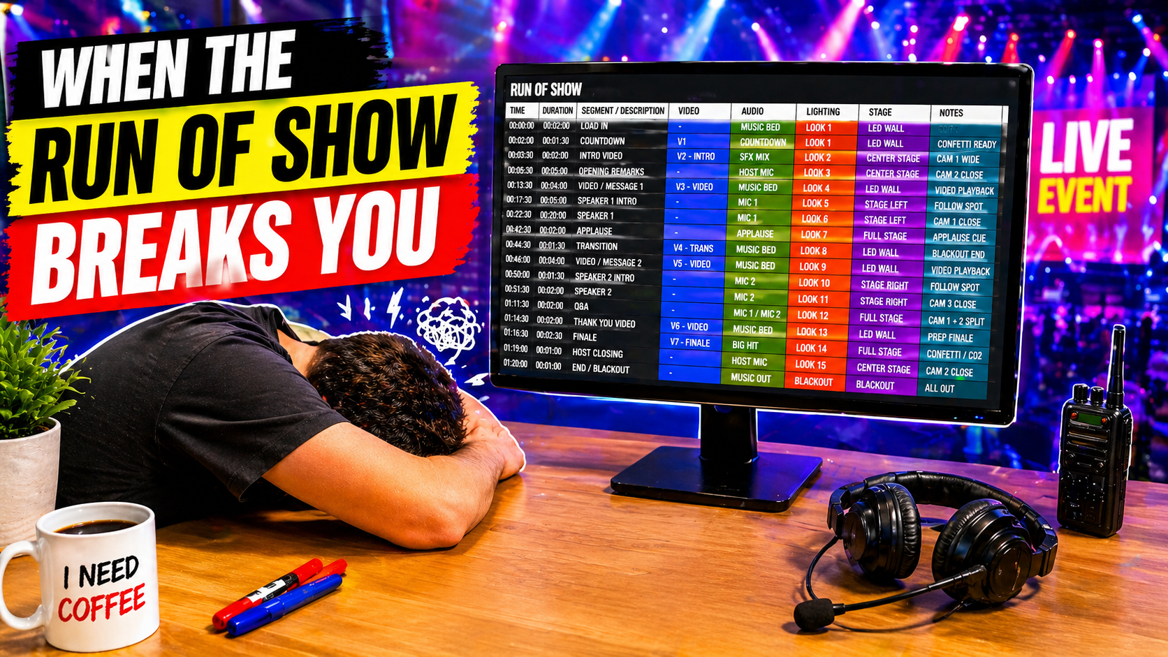Man slumps at desk beside large monitor with colorful run-of-show schedule and “LIVE EVENT” text.