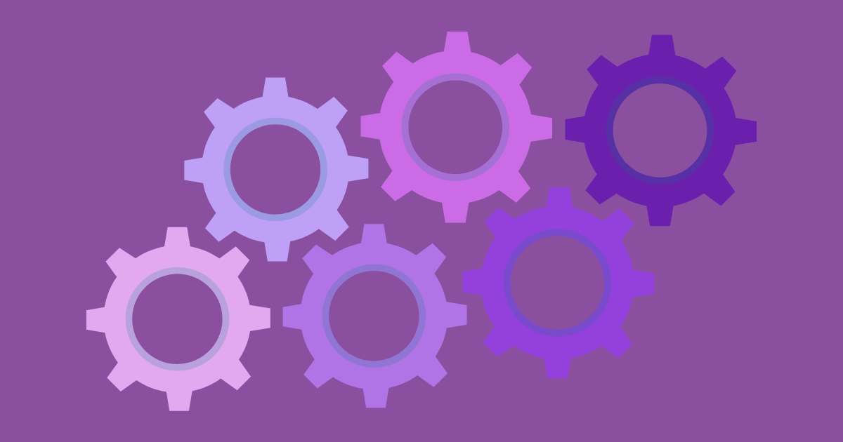 Six purple gears on a purple background