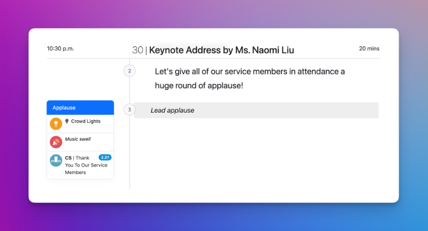 Screenshot of a virtual meeting agenda. Keynote address by Ms. Naomi Liu is displayed with audience interaction buttons.
