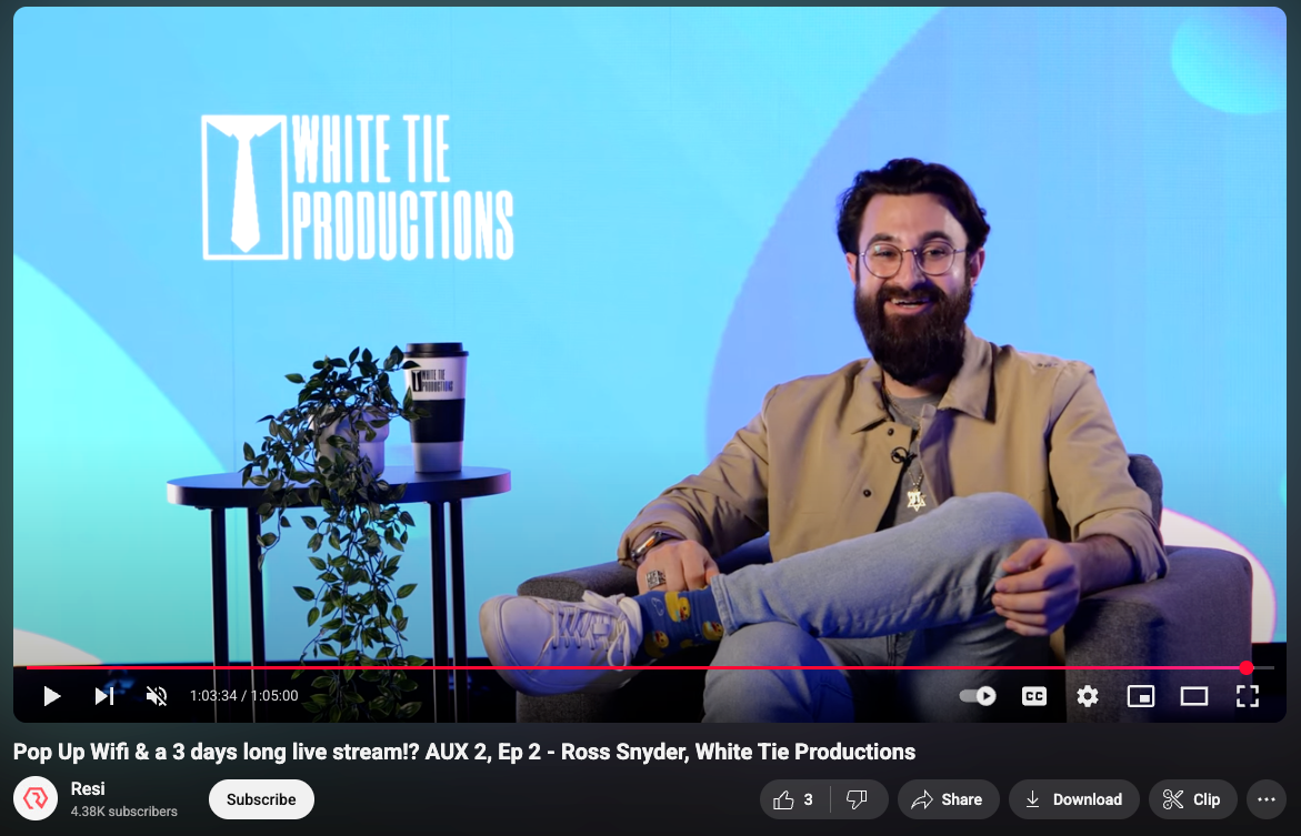 Man with beard sits, smiling, on a talk show set. Background is blue with the White Tie Productions logo.