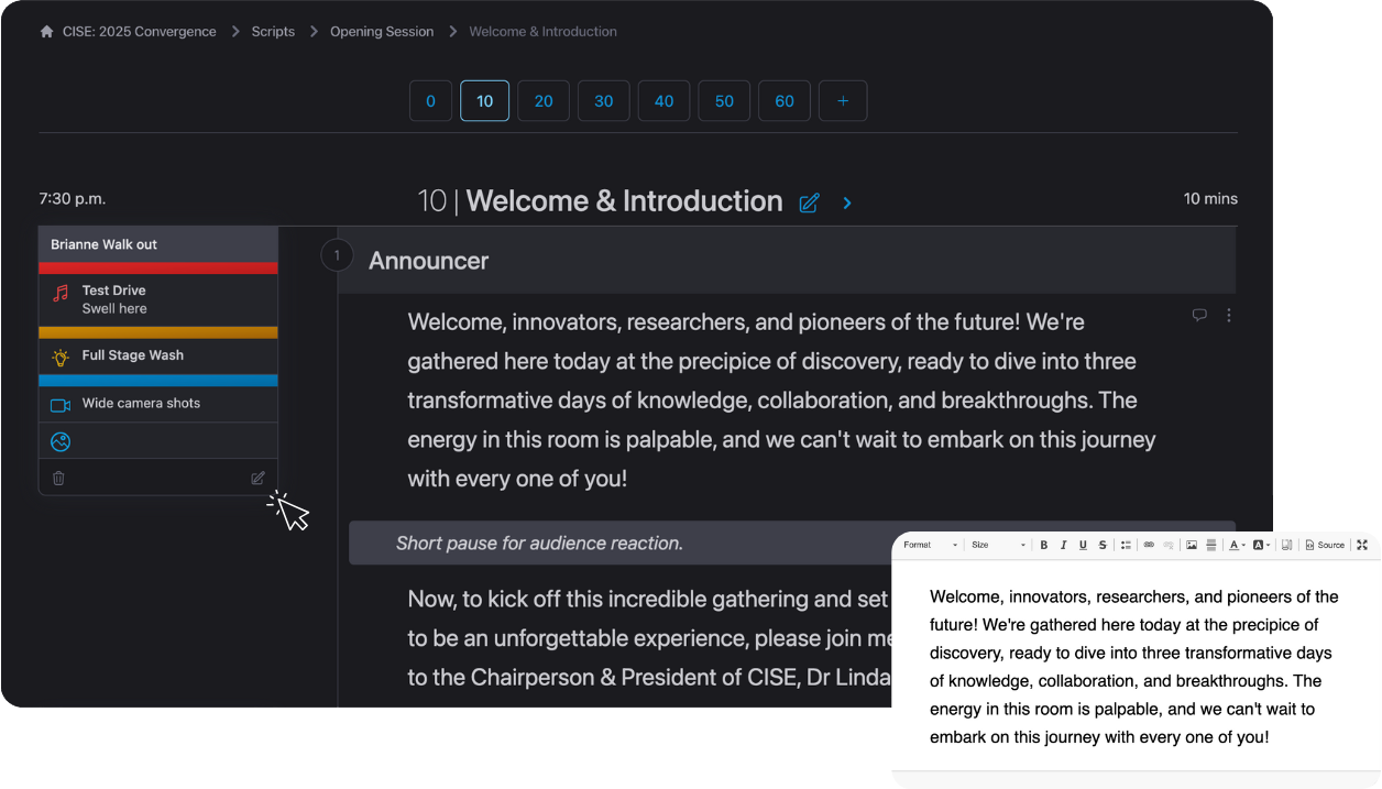 Run of show full script, editing rich text script editor