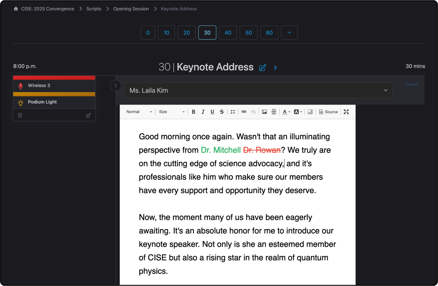 Edit scripts in Script Elephant using the rich-text editor