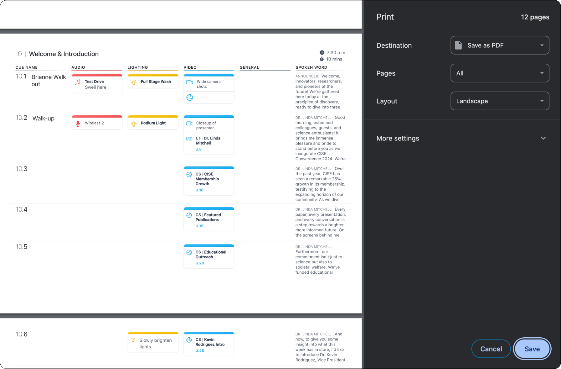 Save as Adobe PDF for easy to read and print run of show