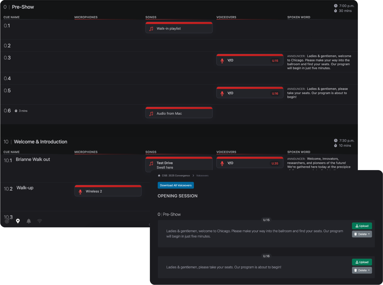 Voiceover feature in Script Elephant with a run of show view of just audio