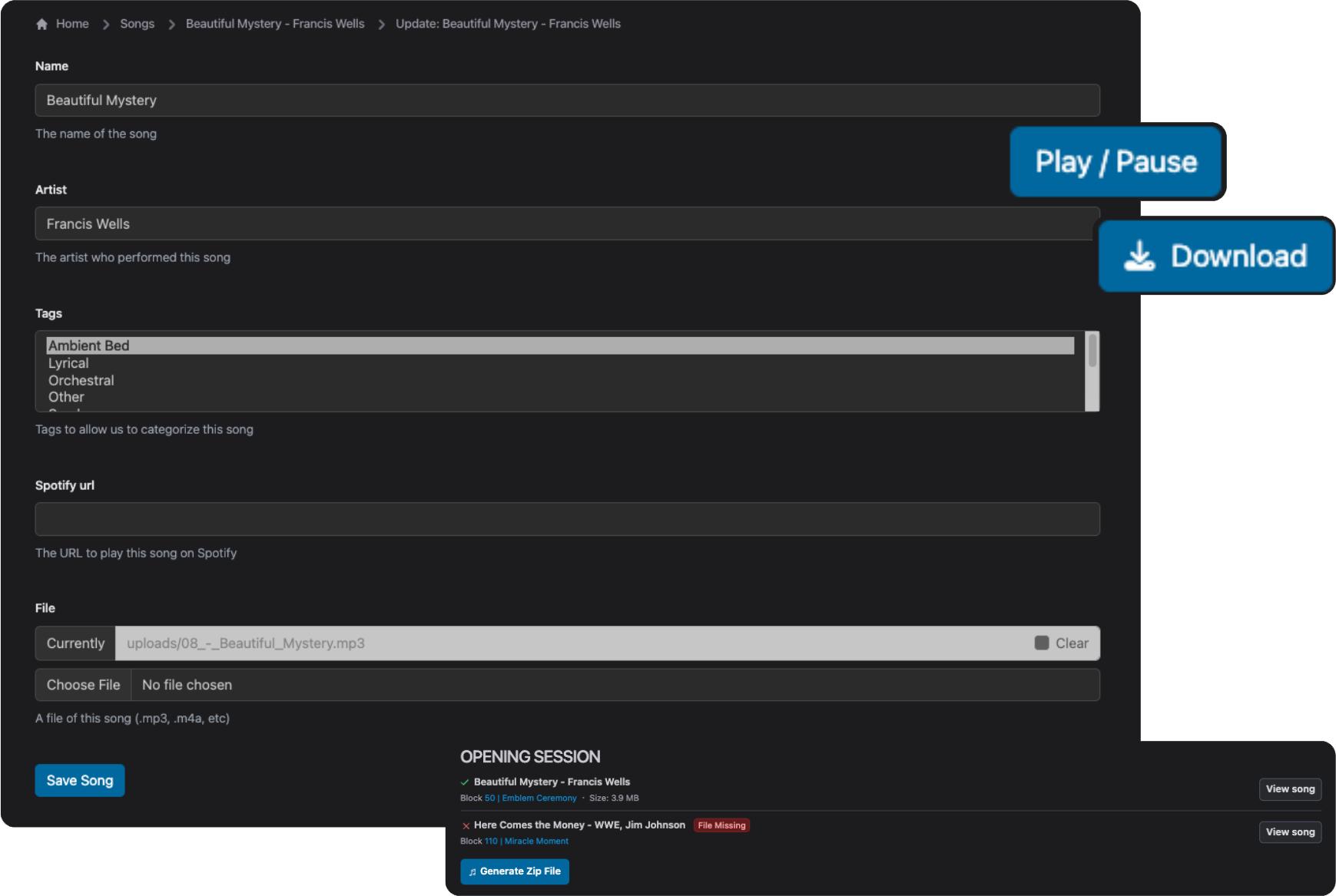 Script Elephant's Song database with spotify URL and download and play buttons