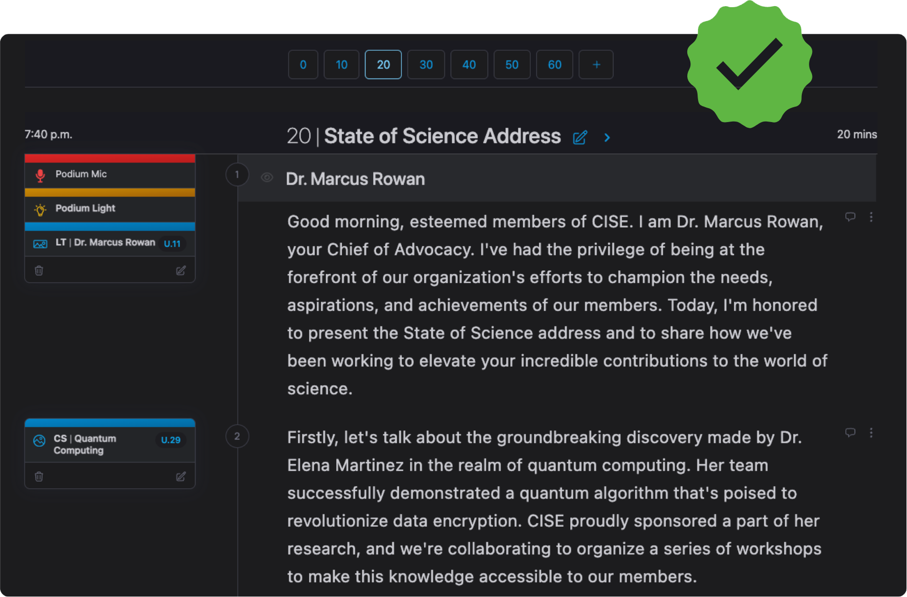 A dark user interface with text about a science address. A green checkmark overlayed.