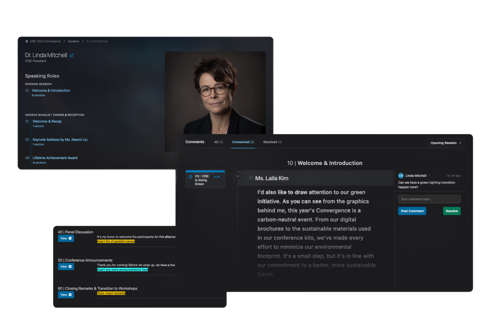 Speaker view in Script Elephant with highlights and comments for collaboration