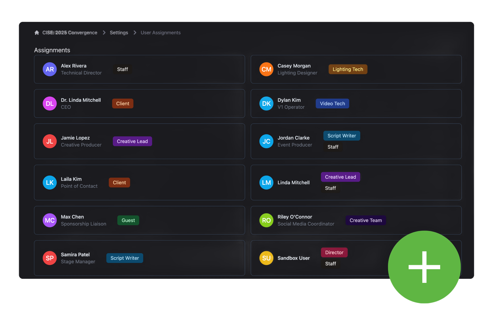 User list with colored labels, dark interface, and a green plus button.