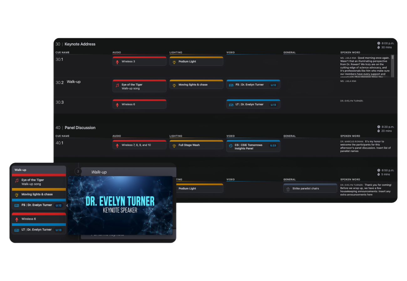 Run of show or rundown with graphic previews and cues
