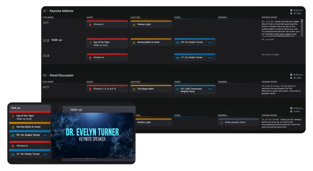 Run of show view with cues and graphic previews in Script Elephant