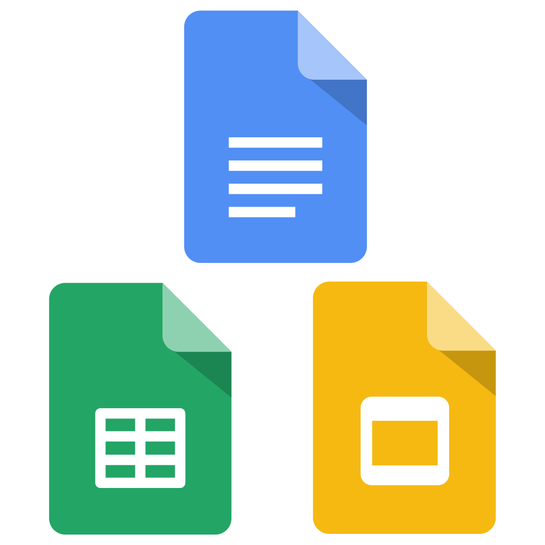 Google Docs, Sheets, and Slides icons, blue, green, and yellow, respectively.