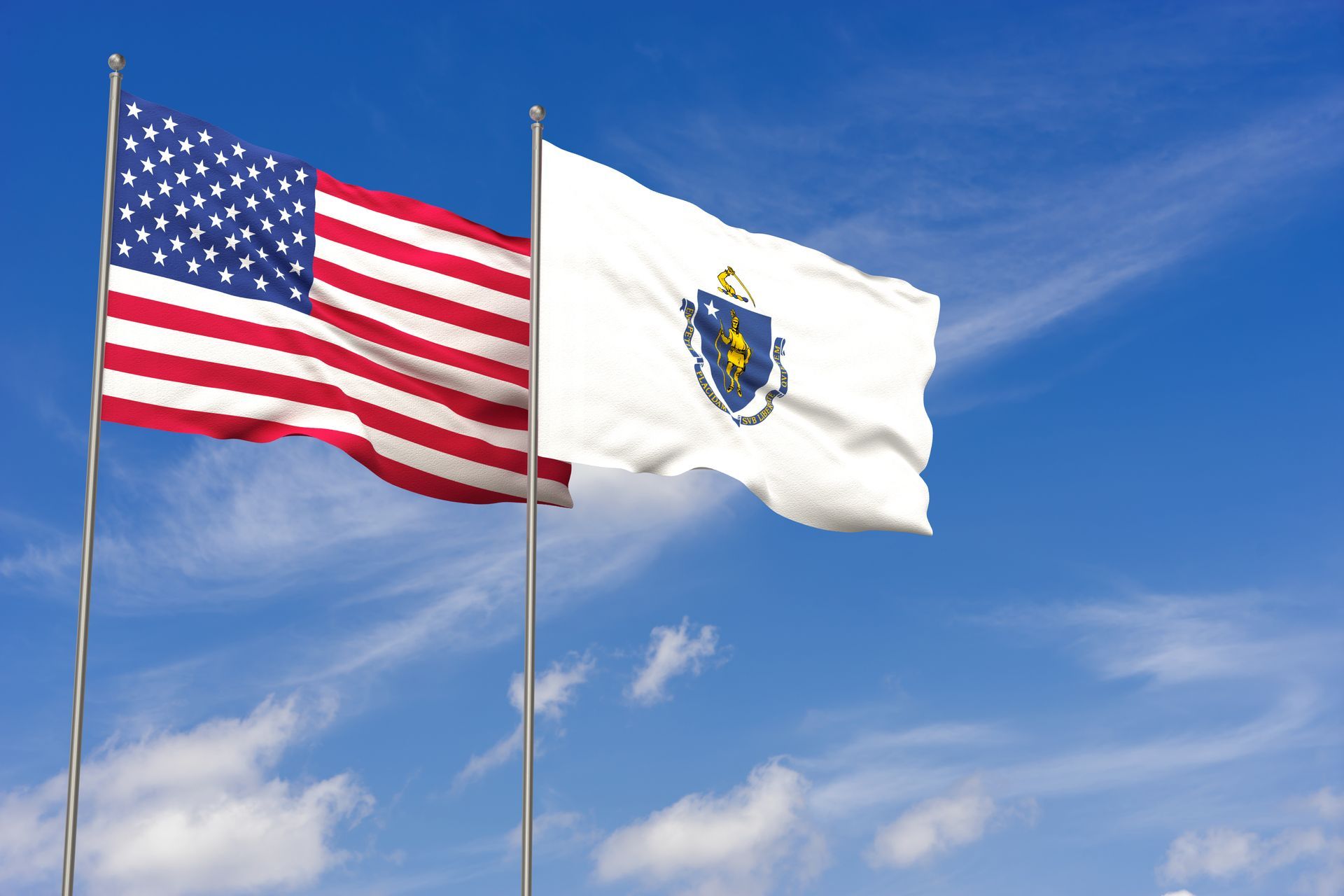 USA and Massachusetts flags over a blue sky background.