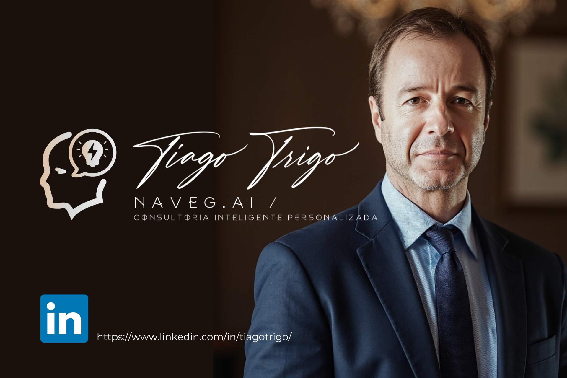 Homem de terno, Tiago Trigo, perfil do LinkedIn, logotipo de consultoria profissional.