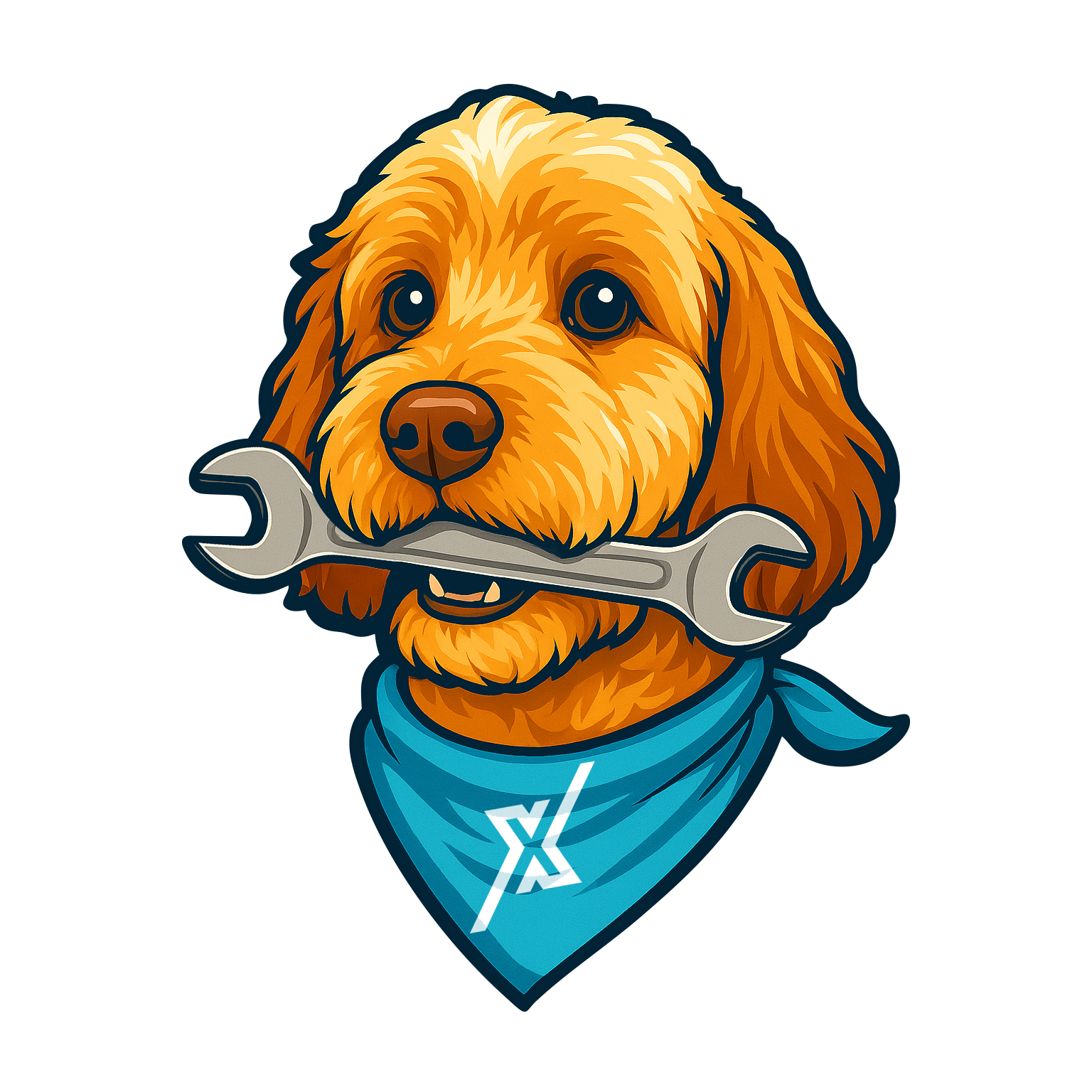 A dog wearing a bandana is holding a wrench in its mouth.