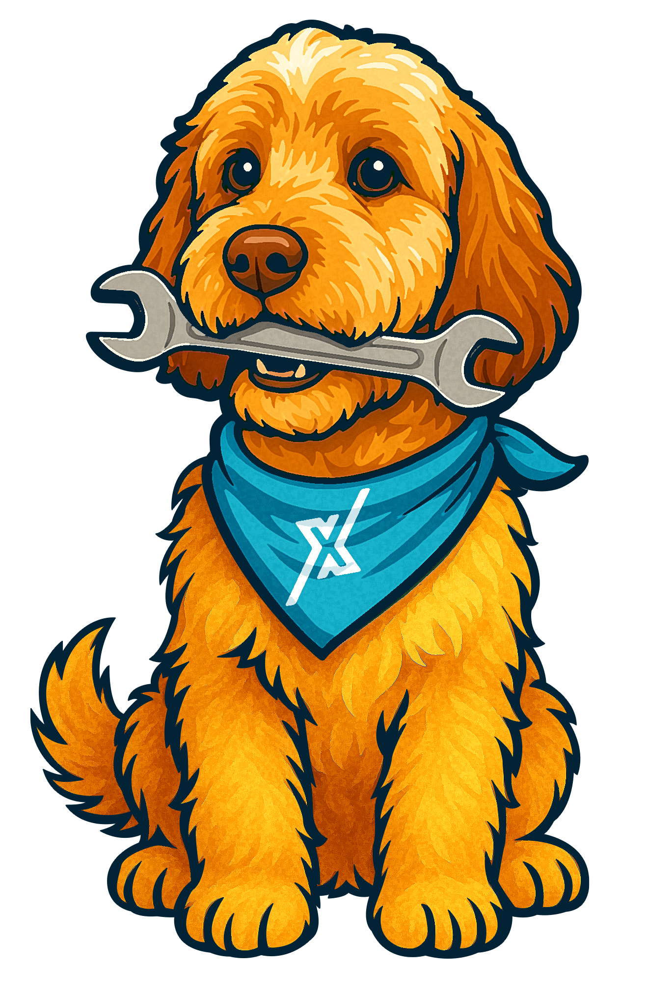 A cartoon dog is holding a wrench in its mouth
