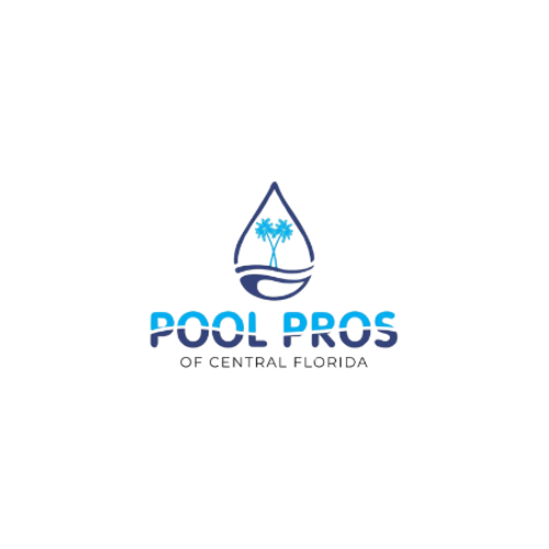 A logo for pool pros of central florida with a drop of water and a palm tree.