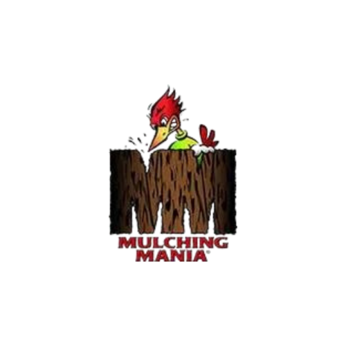 A logo for mulching mania with a woodpecker on it