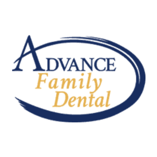 The logo for advance family dental is blue and yellow