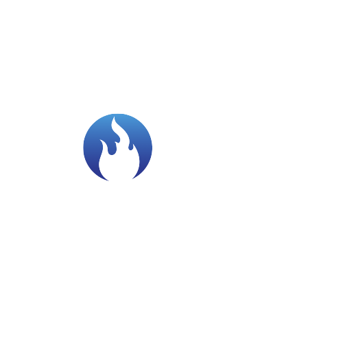 A blue circle with a flame inside of it on a white background.
