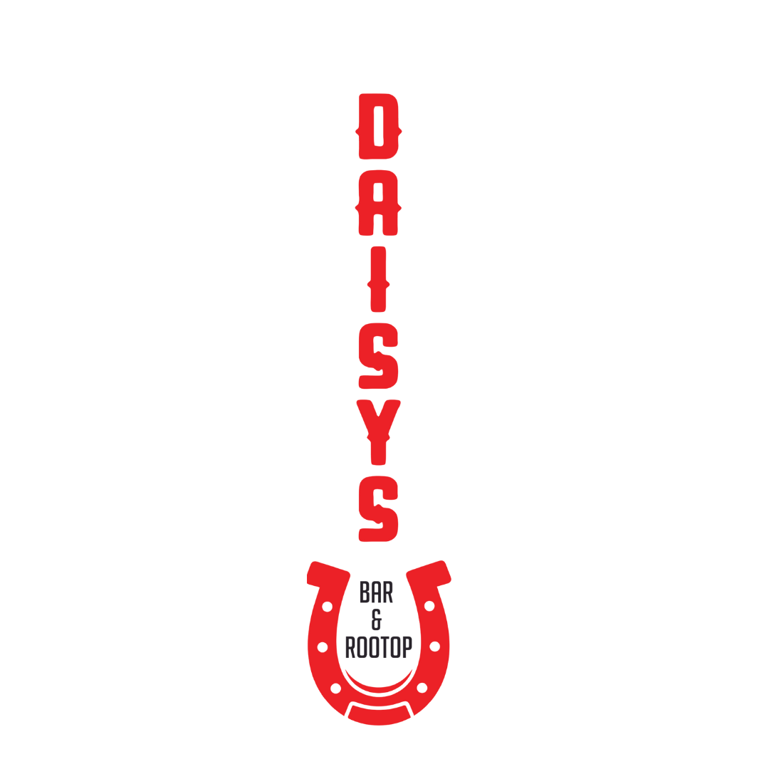 The logo for daisy 's bar and rooftop has a horseshoe on it.