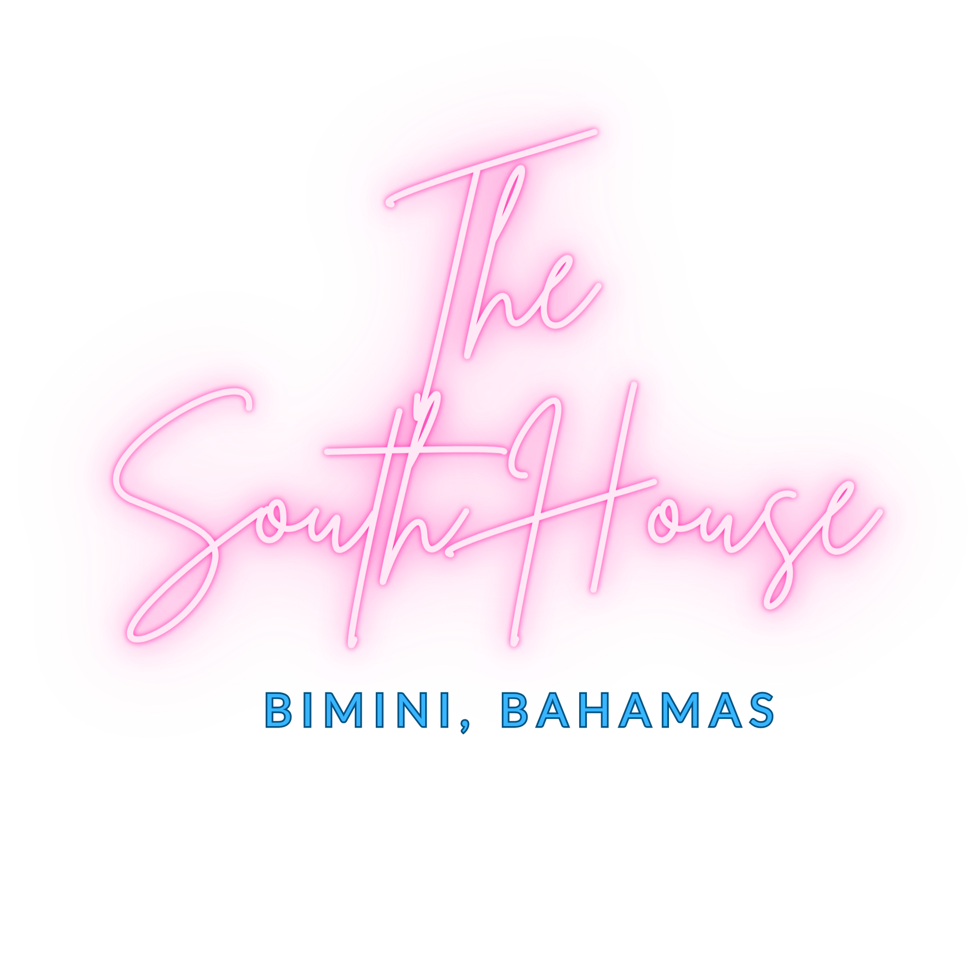 A pink neon sign that says `` the south house '' on a white background.