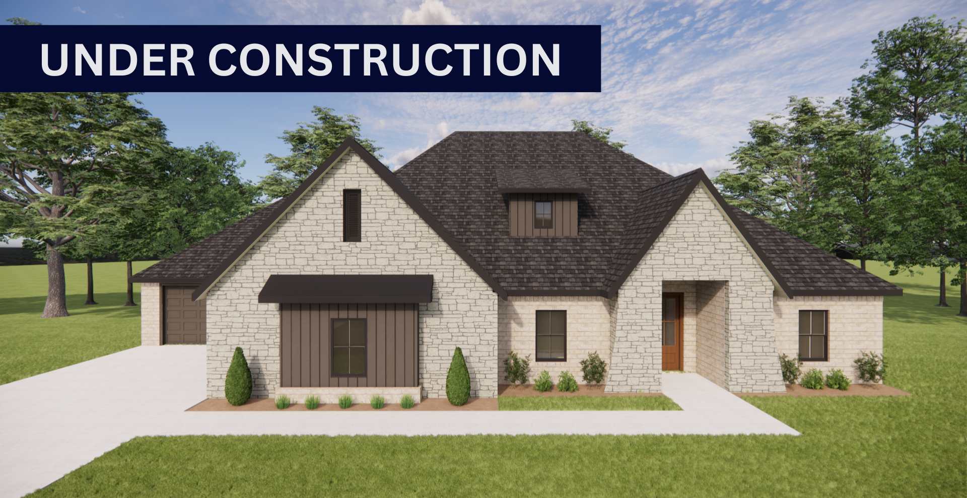 new construction home that has a dark roof and light brick also has a third car garage