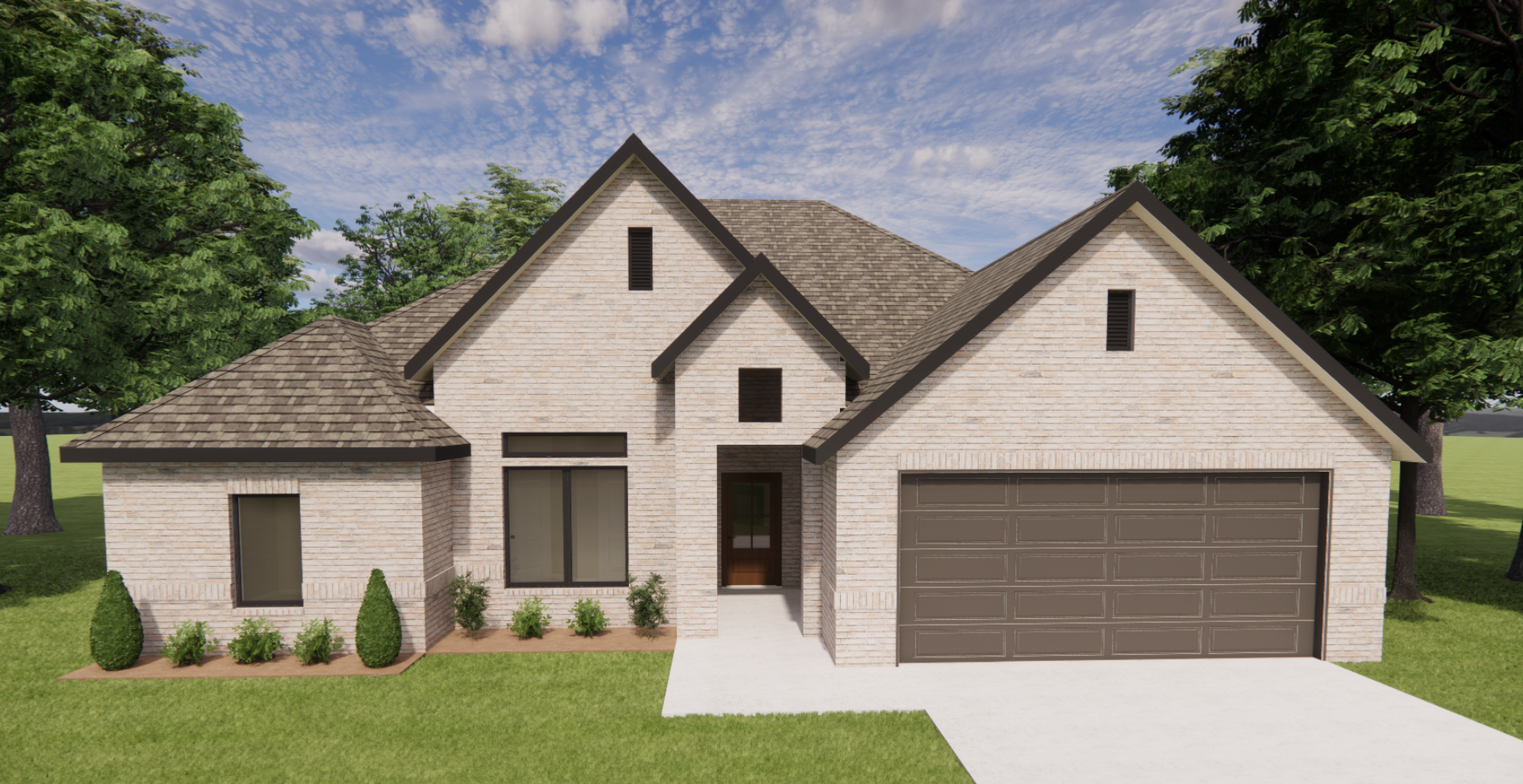 brand new construction home with brown garage door and beige brick
