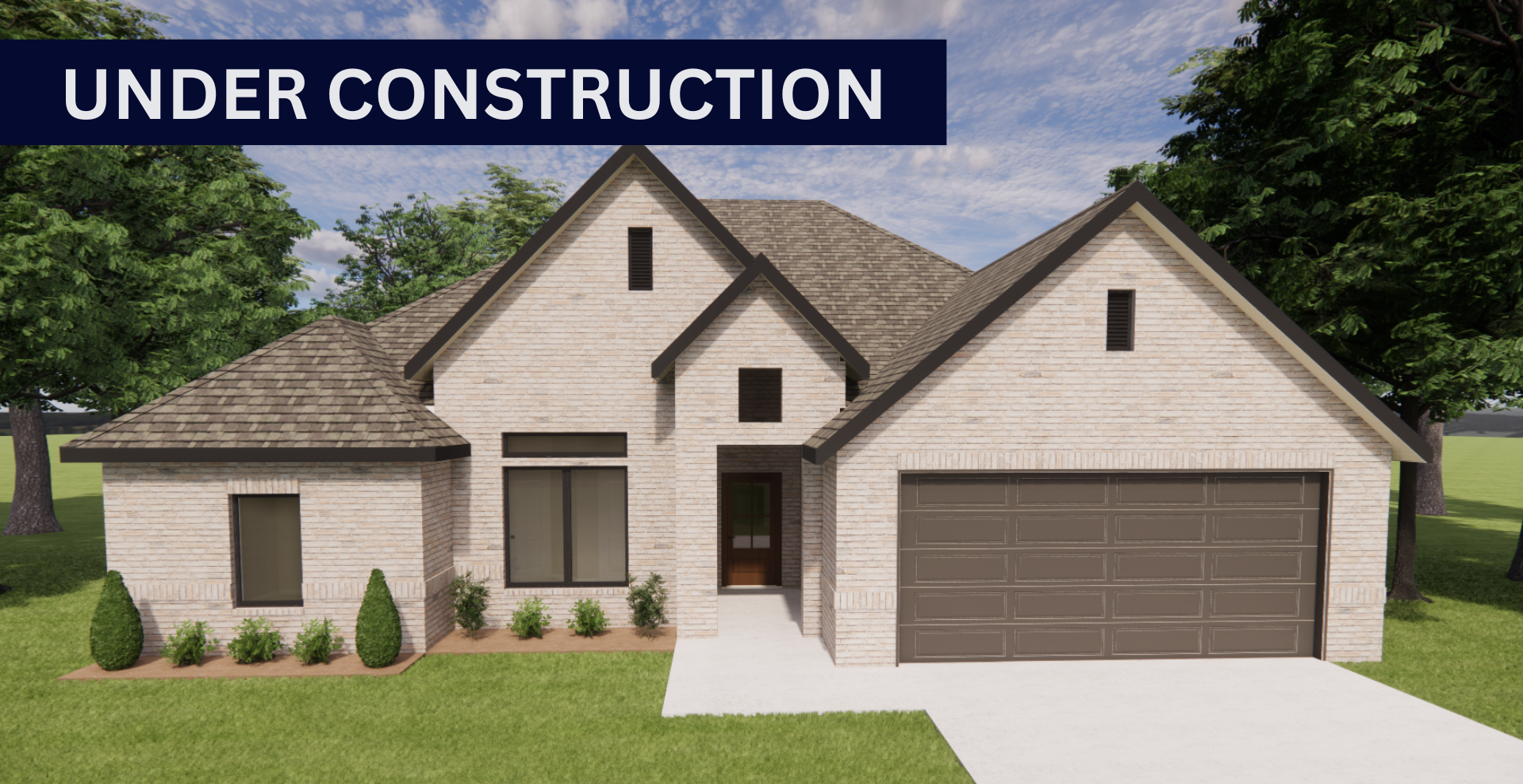 brand new construction home with brown garage door and beige brick
