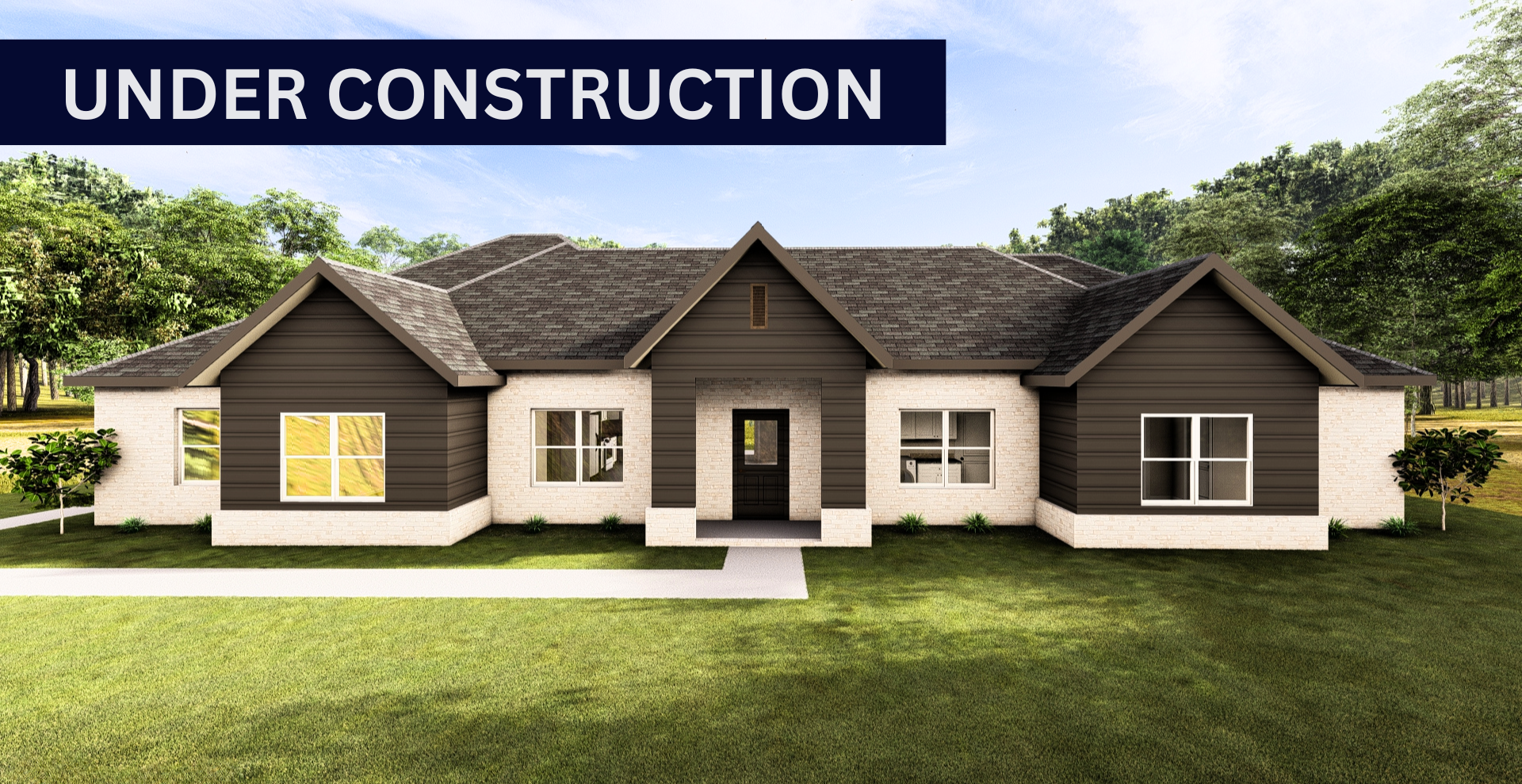 modern new construction home with white brick exterior and dark roof  built by hines homes